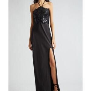 Ramy Brook Mora Floral Lace Bodice Halter Gown Black 2